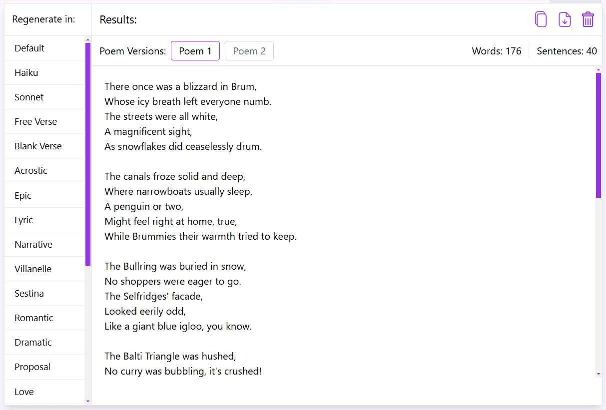 Generated Poem with 2 Options